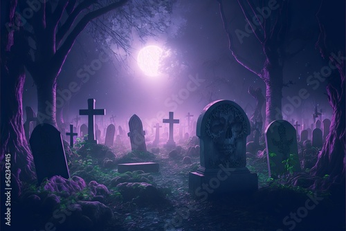 Spooky graveyard with several tombstones covered with moss and vines, meanwhile mystical glowing purple fog fills the air, in the full moon