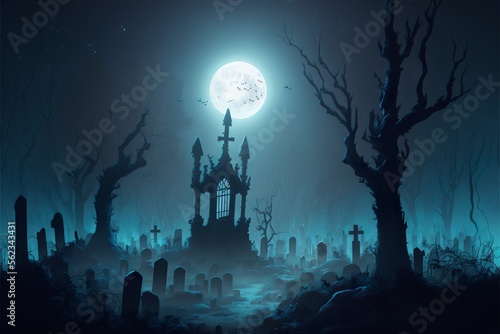 Spooky graveyard on the hill with several tombstones covered with moss and vines, meanwhile mystical glowing fog fills the air, in the full moon