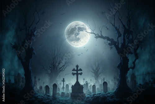 Spooky graveyard with double cross and several tombstones covered with moss and vines, meanwhile mystical glowing fog fills the air, in the full moon