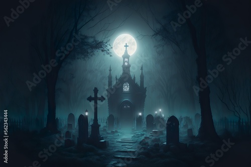 Spooky graveyard with several tombstones and a crypt covered with moss and vines, meanwhile mystical glowing fog fills the air, in the full moon