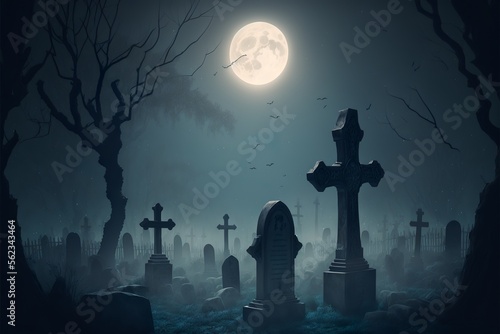 Spooky graveyard with several tombstones and dead trees covered with moss and vines, meanwhile mystical glowing fog fills the air, in the full moon