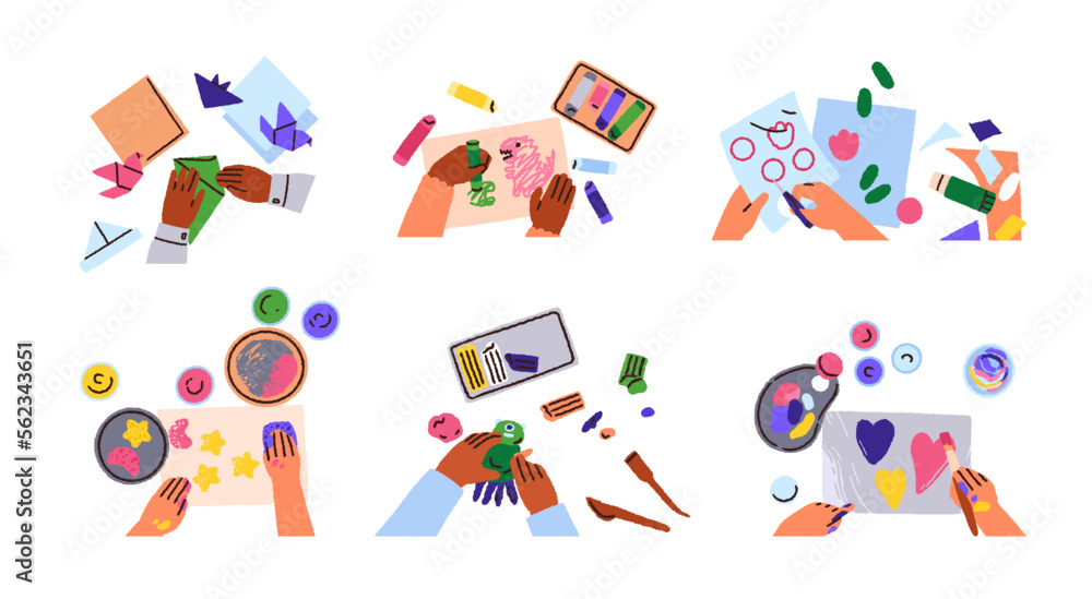 Childrens hands at Art and Craft classes, top view set. Kids during creativity, DIY hobbies, education with paper, paints, plasticine. Flat graphic vector illustrations isolated on white background Childrens hands at Art and Craft classes, top view set. Kids during creativity, DIY hobbies, education with paper, paints, plasticine. Flat graphic vector illustrations isolated on white background