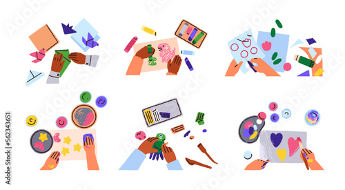Childrens hands at Art and Craft classes, top view set. Kids during creativity, DIY hobbies, education with paper, paints, plasticine. Flat graphic vector illustrations isolated on white background
