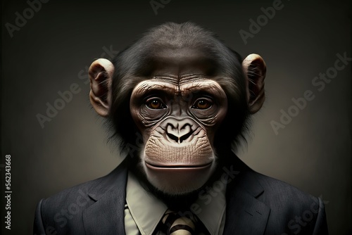 Portrait of monkey businessman. Animal head in business suit. Generative AI © Kanisorn