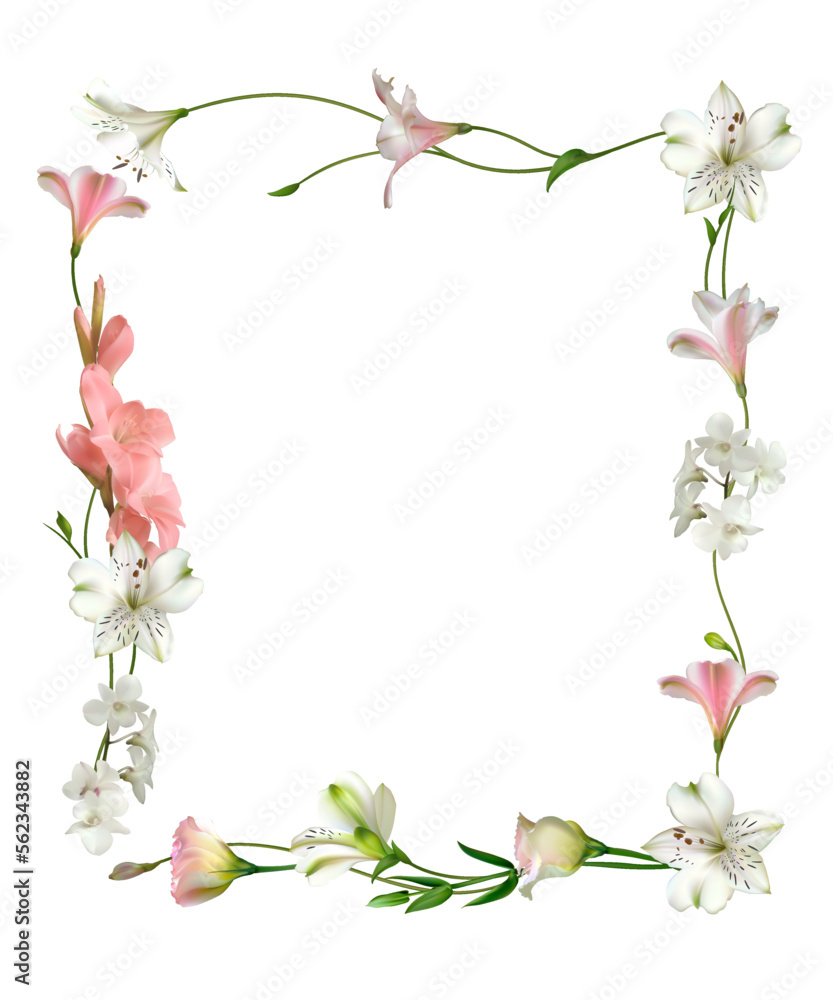 White flowers. Floral background. Green leaves. Eustoma. Lilies. Gladiolus. Flowers frame.
