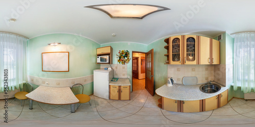 full seamless spherical hdri 360 panorama view in interior of small kitchen in modern flat apartments with furniture in equirectangular projection, VR content