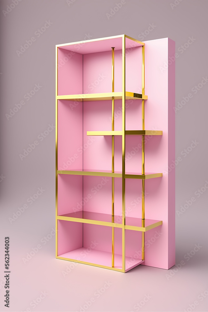 Elegant pink and gold bookshelves. 3d rendered. Generative AI illustration. Elegant pink and gold bookshelves. 3d rendered. Generative AI illustration.