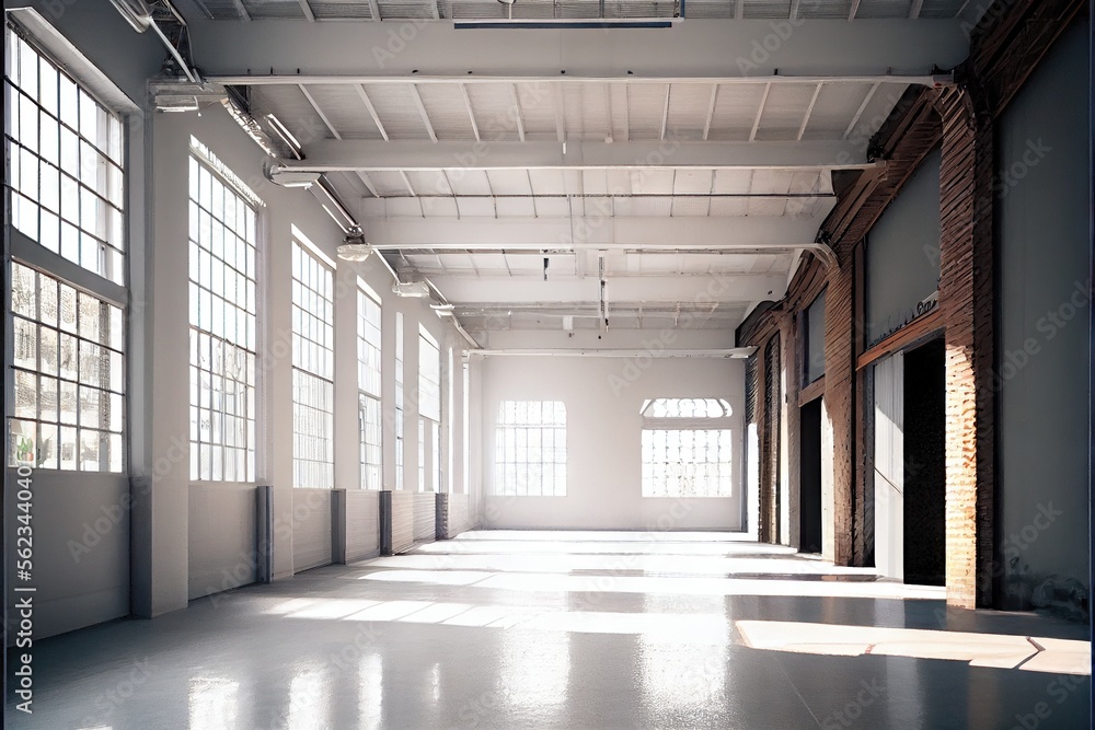 Interior of empty industrial warehouse or garage. Generative AI Interior of empty industrial warehouse or garage. Generative AI