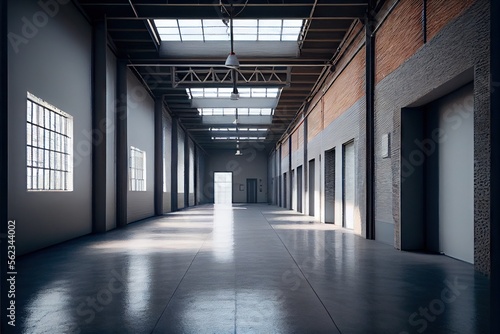 Interior of empty industrial warehouse or garage. Generative AI © tania_wild