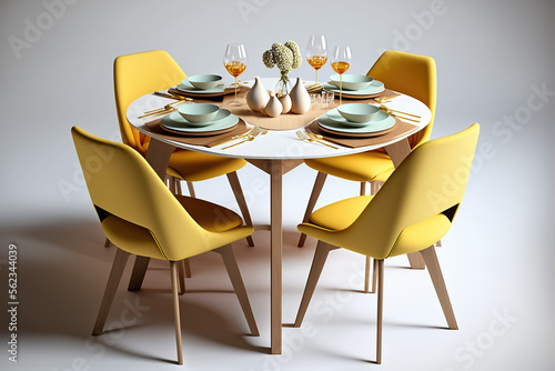 Interior decoration set in 3d rendering, yellow dinning set. Generative AI illustration. photo