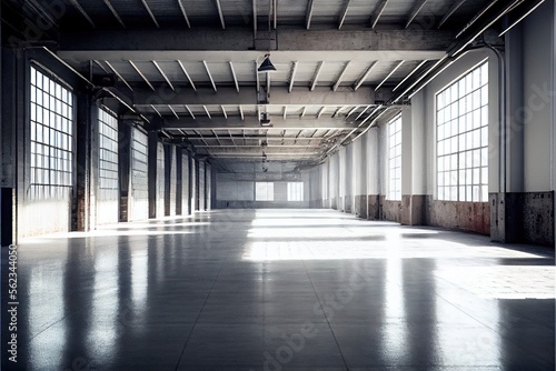 Interior of empty industrial warehouse or garage. Generative AI