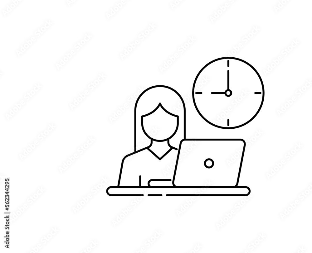 Working hours icon design. flexible schedule work icon, worker hours, punctual business man, part time job, remotely at the computer, isolated on white background Working hours icon design. flexible schedule work icon, worker hours, punctual business man, part time job, remotely at the computer, isolated on white background