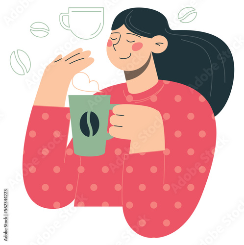 Woman drinking coffee. Flat vector minimalist illustrations with kitchen staff, cooking and food