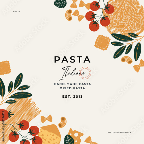 Various Italian pasta minimalist design template. Spaghetti and ravioli illustrations. Vector illustration
