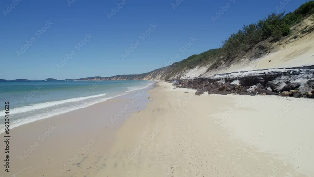 White Sand And Turquoise Ocean At Rainbow Beach, Queensland, Australia - drone shot White Sand And Turquoise Ocean At Rainbow Beach, Queensland, Australia - drone shot
