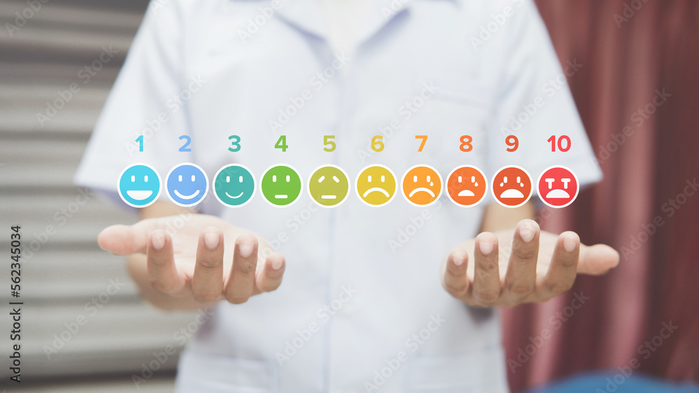 © sackKOP - Doctor touching of pain measurement scale colorful icon virtual screen interface, emotions from happy blue to red crying, medical technology and futuristic concept. © sackKOP - Doctor touching of pain measurement scale colorful icon virtual screen interface, emotions from happy blue to red crying, medical technology and futuristic concept.