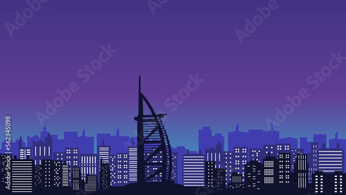 Vászonkép Vector City Silhouette of Burj Al Arab Building with such a beautiful night view
