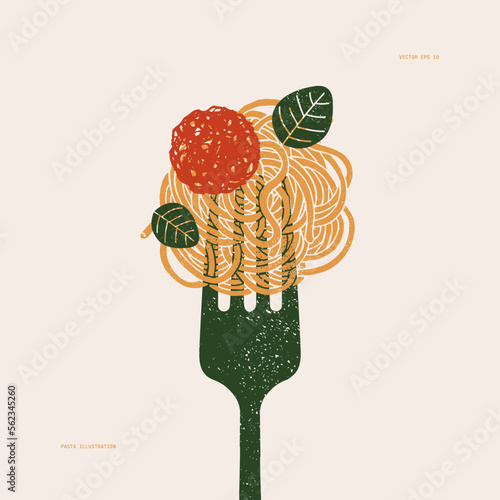 Spaghetti pasta on a fork. Pasta with meatball. Textured vintage illustration. Vector illustration