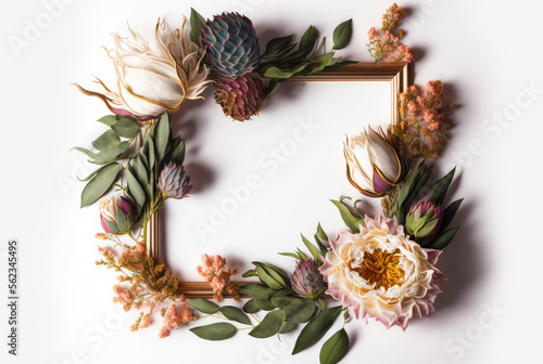Floral frame composition with space for text on white background. Generative AI