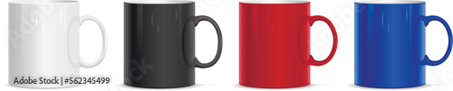 Mock up mugs. Realistic white, black blue and red cups.