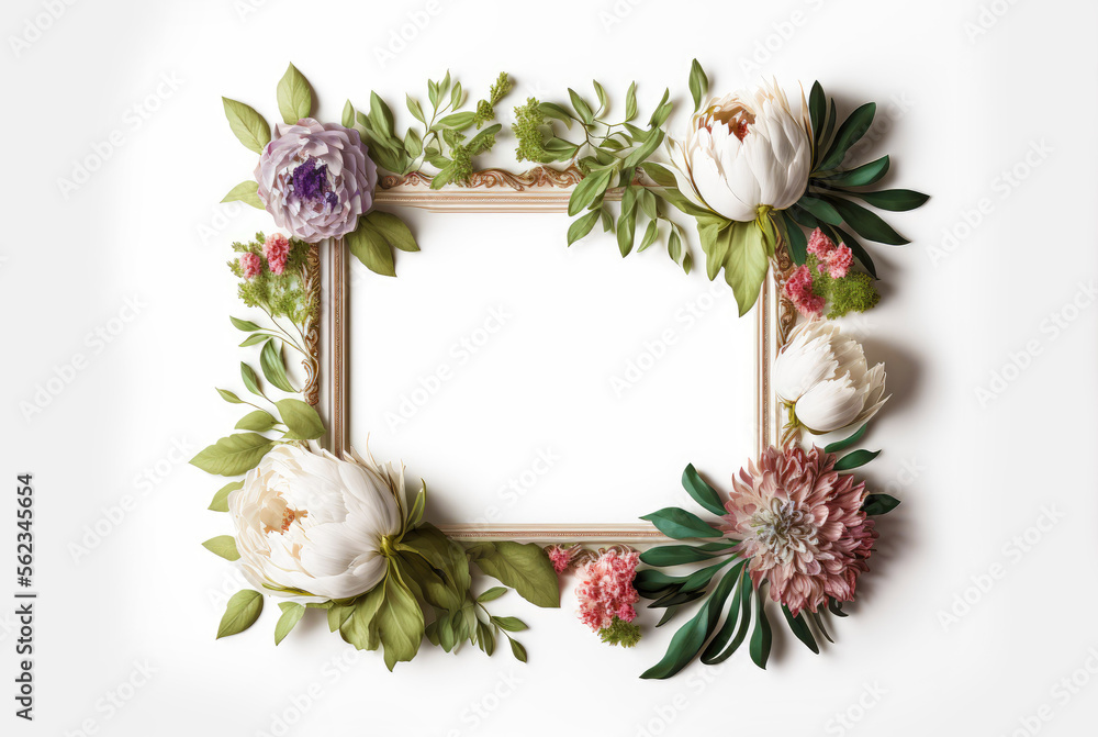 Floral frame composition with space for text on white background. Generative AI Floral frame composition with space for text on white background. Generative AI