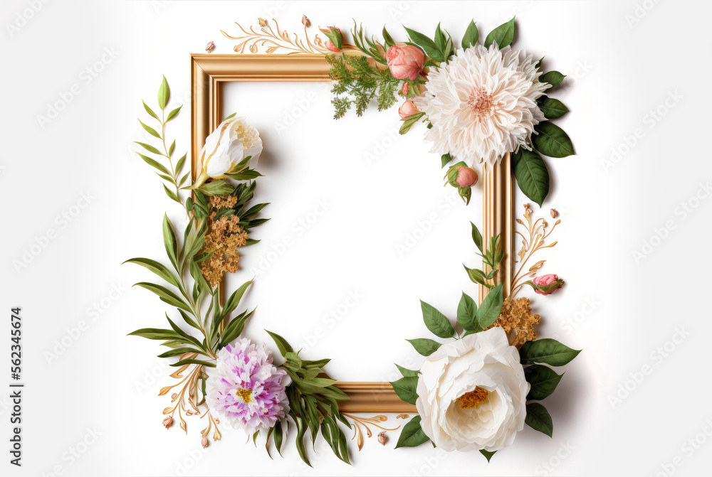 Floral frame composition with space for text on white background. Generative AI Floral frame composition with space for text on white background. Generative AI