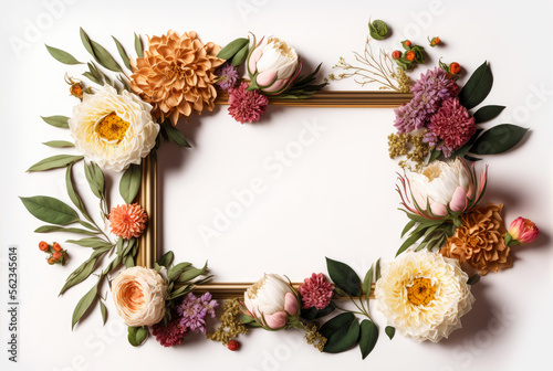 Floral frame composition with space for text on white background. Generative AI