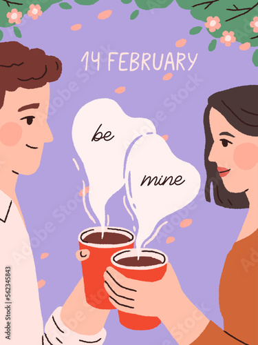Saint Valentine's day greeting card design. Romantic postcard for 14 February holiday, happy enamored couple with coffee cups, man confessing love, fondness, Be Mine phrase. Flat vector illustration