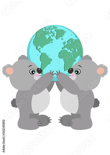 Two cute koalas holding a world globe