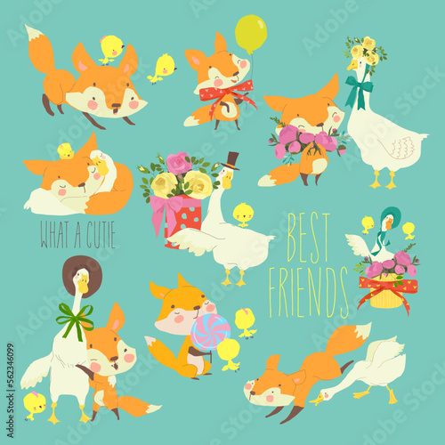 Fototapeta Naklejka Na Ścianę i Meble -  Cartoon Set with Cute Foxes and Gooses