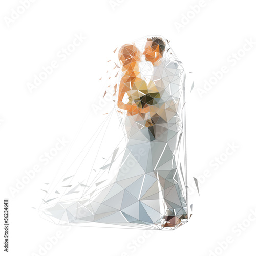 Wedding couple, groom and bride, low polygonal vector illustration. Newlyweds stand facing each other and kiss. Man in a suit and woman in a wedding dress. Isolated vector drawing, side view