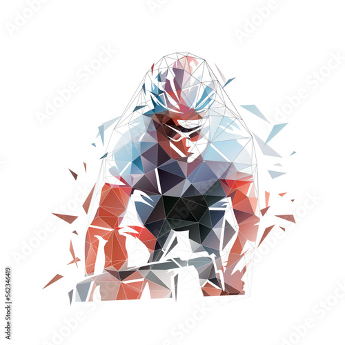 Road cycling, cyclist logo, low polygonal isolated vector illustration. Front view