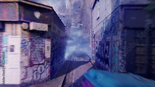 Wallpaper Mural Houses, road, walls with graffiti are created from dust. Blue neon light. Magic, illusion, video game. 3d animation Torontodigital.ca