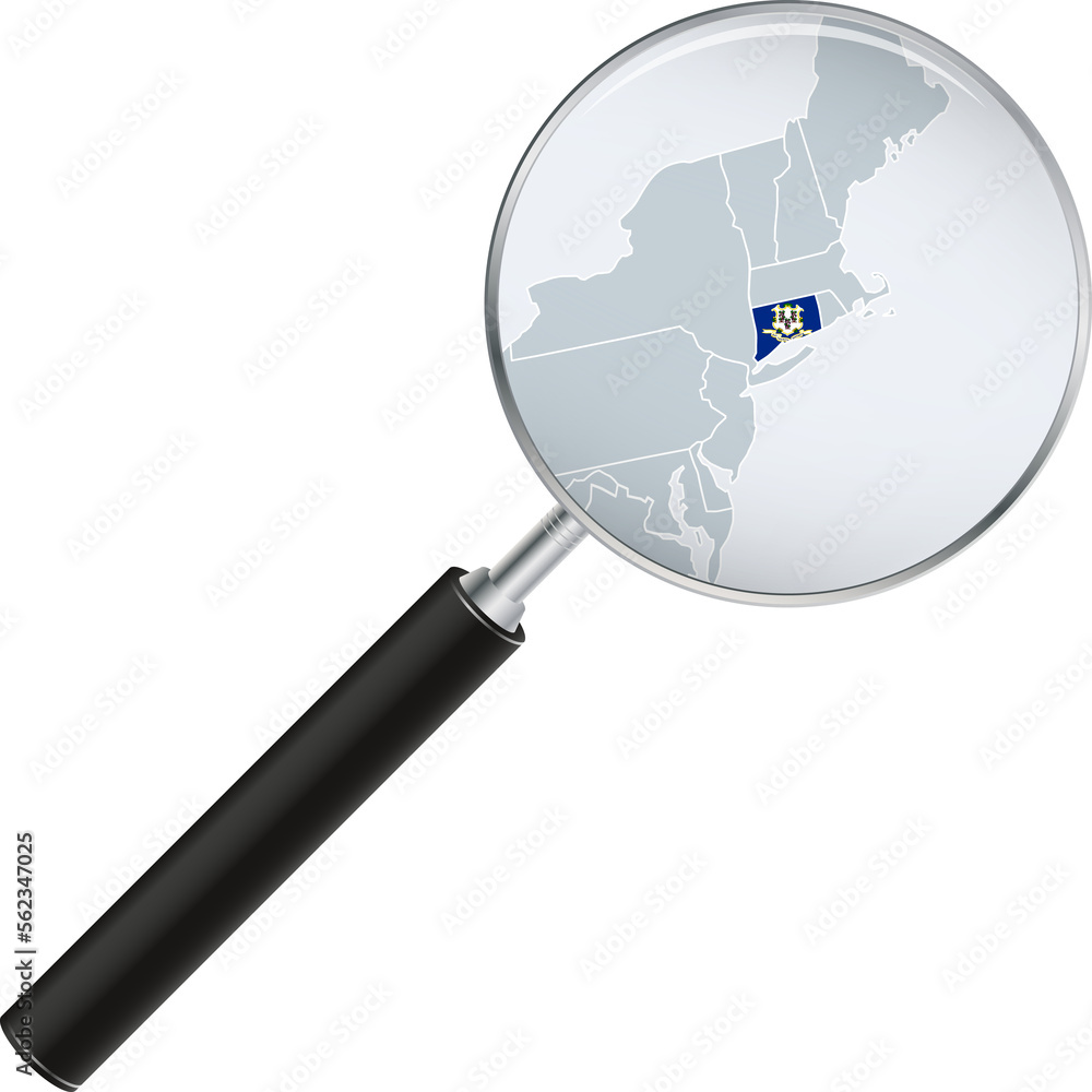 Connecticut map with flag in magnifying glass. Connecticut map with flag in magnifying glass.