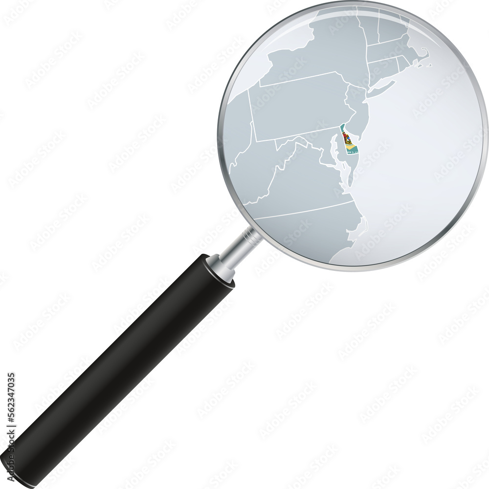 Delaware map with flag in magnifying glass. Delaware map with flag in magnifying glass.
