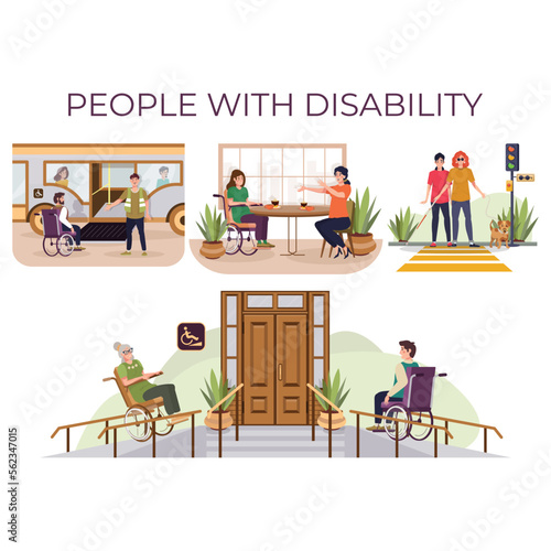 Four scenes on different topics of disability in real life - blind man crosses road, climbing the ramps in a wheelchair, etc. Vector illustration.