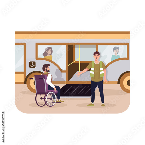 The bus driver lowers the bus ramp so that a disabled person in a wheelchair can enter the bus. The concept of a barrier-free environment for the disabled.