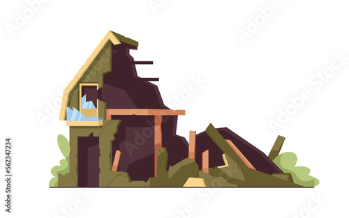 Broken house. Destroyed damaged collapsed building with ruined crumbling wooden walls, crashed windows. Demolished wood construction exterior. Flat vector illustration isolated on white background