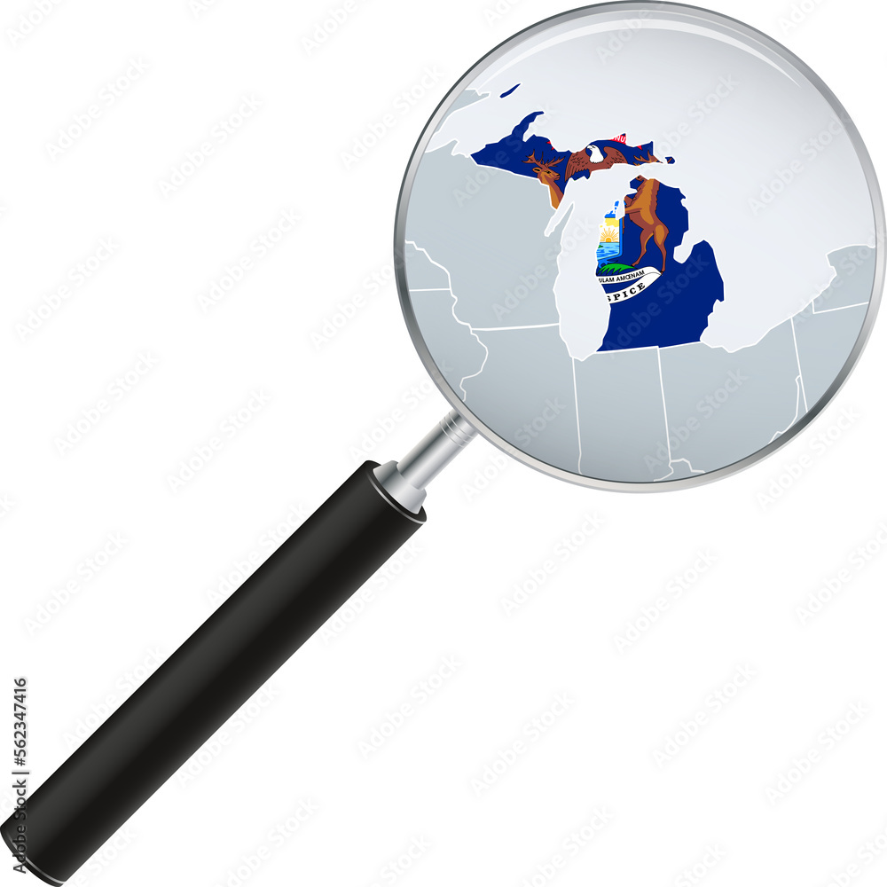 Michigan map with flag in magnifying glass. Michigan map with flag in magnifying glass.