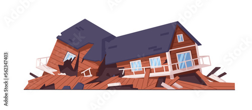 Destroyed broken house. Damaged ruined wood building, earthquake disaster consequence. Smashed cracked residential construction facade, exterior. Flat vector illustration isolated on white background