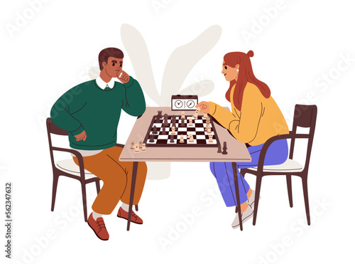Man, woman playing chess at game board at table. Chessboard players competitors, two rivals at international tournament, competition, match. Flat vector illustration isolated on white background