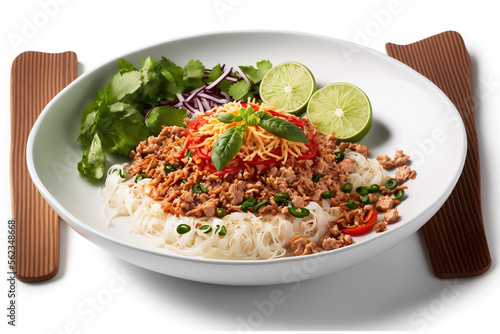 Thai dish known as Spicy Glass Noodle Salad with Minced Pork Yum Woon Sen is prepared on a white plate with clear bean vermicelli and pork. Generative AI