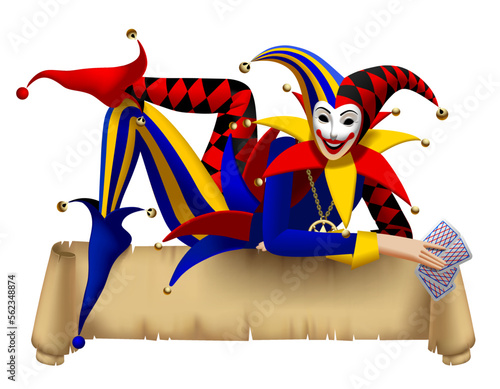 Joker with playing cards lying on a retro parchment banner isolated on white. Three Dimensional stylized drawing. Vector illustration