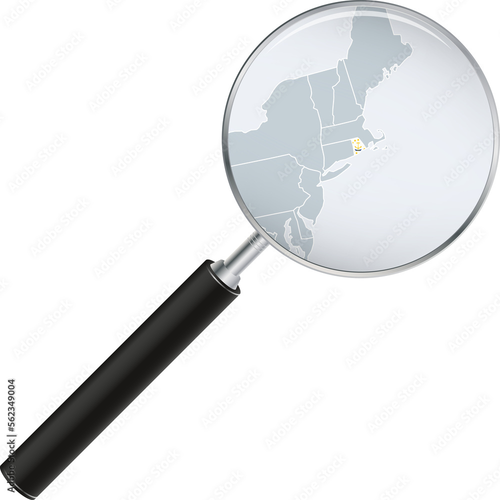Rhode Island map with flag in magnifying glass. Rhode Island map with flag in magnifying glass.