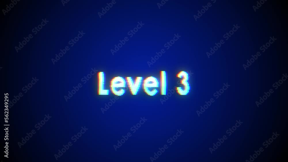 Animation of retro Level 1. 2. 3 text glitching over blue and red lines against black background 4k Animation of retro Level 1. 2. 3 text glitching over blue and red lines against black background 4k