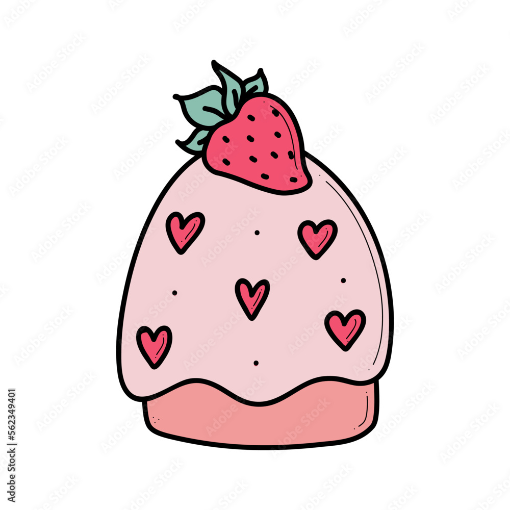 Obraz premium Doodle sweet strawberry cupcake with hearts vector illustration. Cute romantic Valentines day hand drawn cake isolated on white.