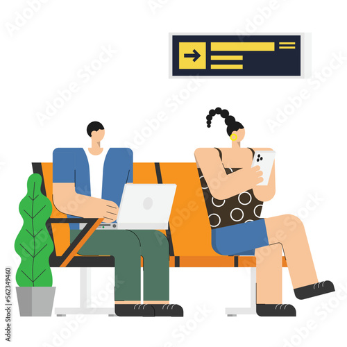 passenger waiting and relaxing on lounge chair in airport terminal departure hall waiting for boarding plane flight