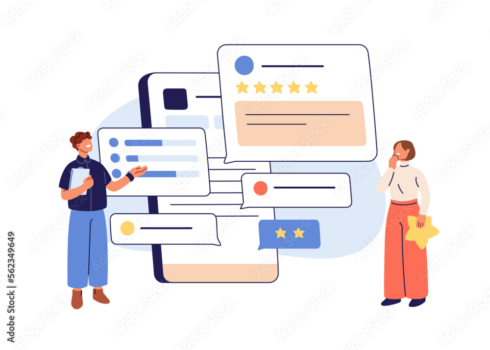 Online feedback, reviews, user experience surveys concept. Mobile phone application asking for customers opinion, rating, star ranking. Flat graphic vector illustration isolated on white background - obrazy, fototapety, plakaty 