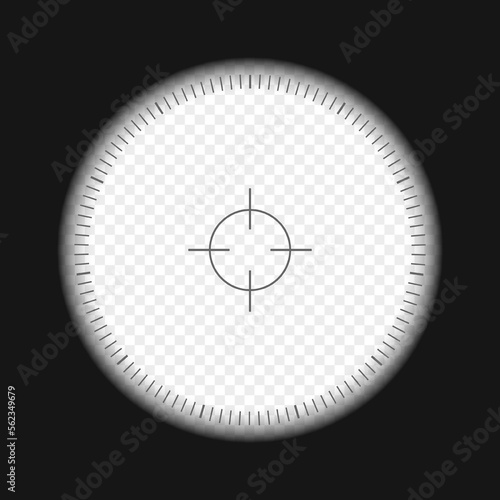 Monocular, telescope, periscope view with scale and transparent background. Spy, sniper, explorer, hunter or tourist optical instrument for magnifying, exploration, investigation. Vector illustration