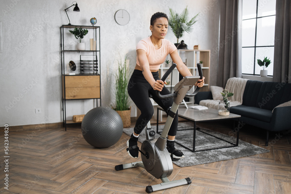 Fototapeta premium Front view of healthy female athlete having cardio workout indoors. Young healthy african woman training on stationary bike on the background of modern apartment.